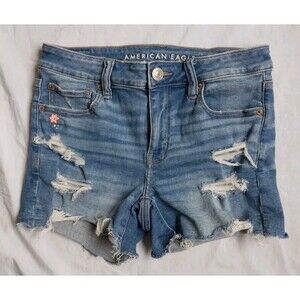American Eagle Outfitters Midi Shorts Embroidered Distressed Cut-Off Denim 4